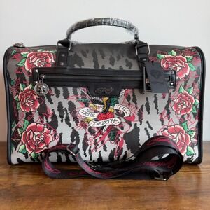 New Ed Hardy Black Grey Snow Leopard Duffel Bag Crossbody Travel Rose Rhinestone